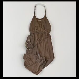 Charme U Womens Tan Strappy Wrap-Front Sleeveless Jumpsuit Belted Size Large
